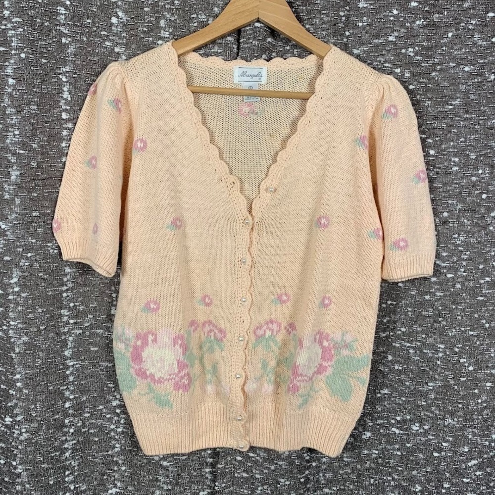 Vintage Margules Pink Floral Knit Short Sleeve Sweater Cottagecore Women's Small